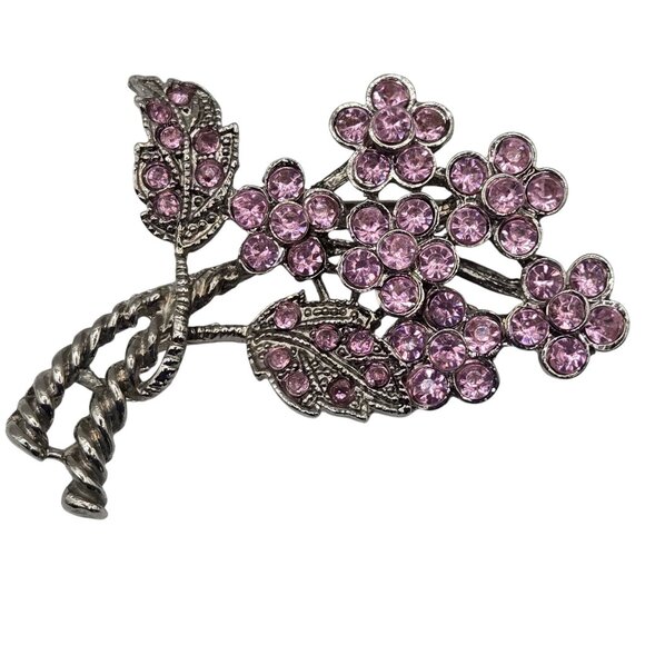 VTG Brooch Pretty Pink Rhinestone Silver Tone Floral Bouquet Fairy Core Spring - Picture 1 of 13